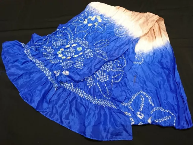 Japanese Kimono Yukata Obi Hekoobi Shibori Silk Blue Beige Flower Scarf