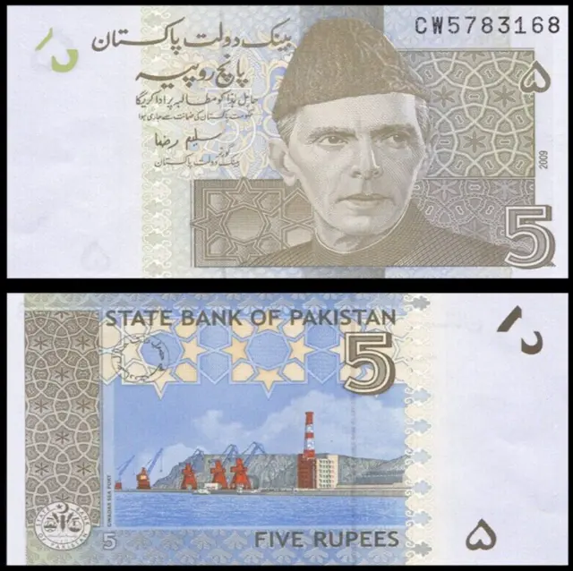 Banknote - 2009 Pakistan 5 Rupees,P53 UNC, Muhammad Ali Jinnah, Gawadar Sea Port