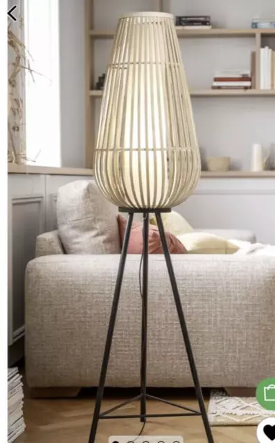 BNIP Next Kita Tripod Floor Lamp Natural Bamboo Shade Black Legs Home Decor £160 2