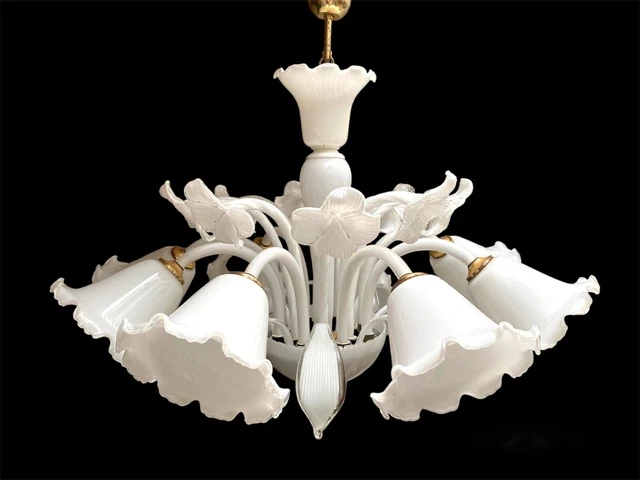 Elegante Lampara En Cristal de Murano Blanco Leche 8 Luces