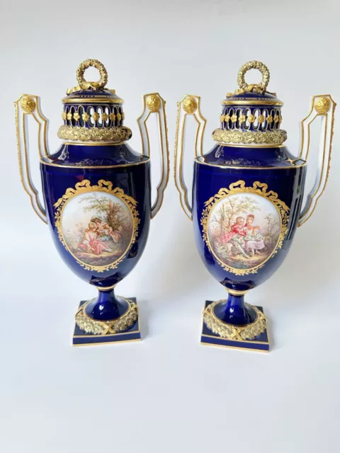 RARE Antique Genuine Pair Meissen Hand Painted Magnificent Vase Porcelain H33cm