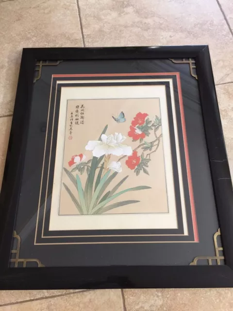 Vintage Chinese Hand Painted Flower & Butterfly on Silk, Signed, Framed