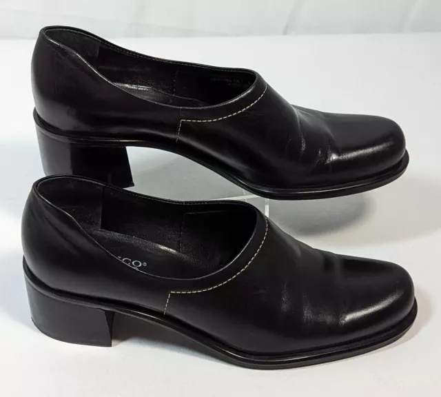 Franco Sarto Slip On Loafer Womens 8.5 Black Leather Pumps Shoes Chunk Heels