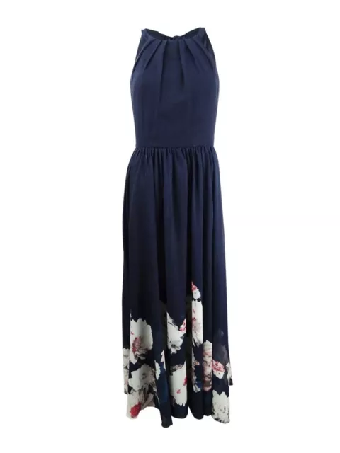 Betsy & Adam Women's Placed-Floral Chiffon Halter Gown (4, Navy Multi)