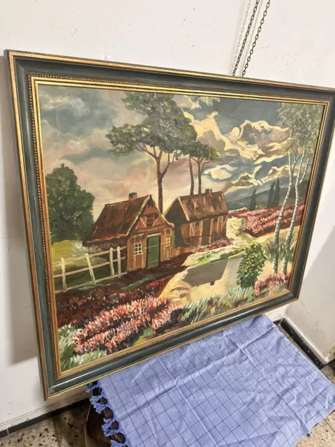 Bauernhaus Haus  Ölbild Bild gemalt Antik Vintage  See Fluss Meer 76x61cm