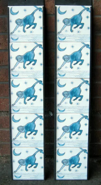 William de Morgan Monkey Kiln Fired Fireplace Tile Set (10 TILES) blue