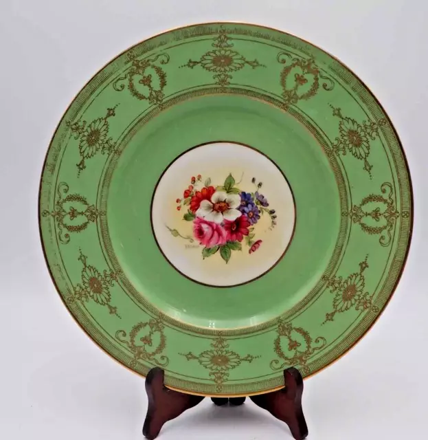 Royal Worcester Hand Painted Floral SIGNED Gold Embellished Green Cabinet Plate