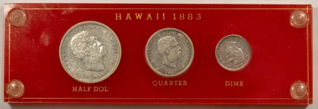 1883 Hawaiian 3 Pc Set, Half, Quarter, Dime-Vintage Capital Holder, High Grade!