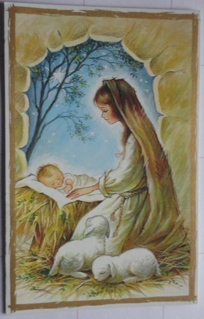 UNUSED Vintage Christmas Card Mother Mary Sleeping Baby Jesus LAMBS Gold Trim