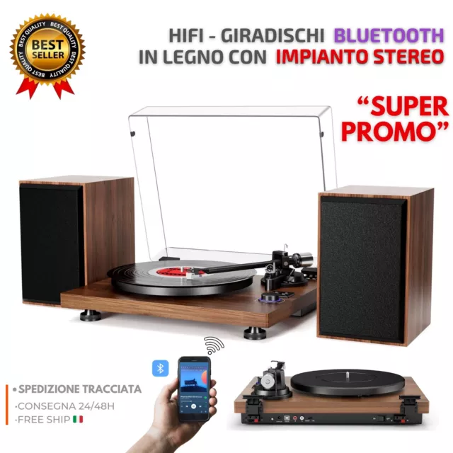 Giradischi Hi-Fi Stereo in Legno con lmpianto di Altoparlanti stereo Wireless ✅✅