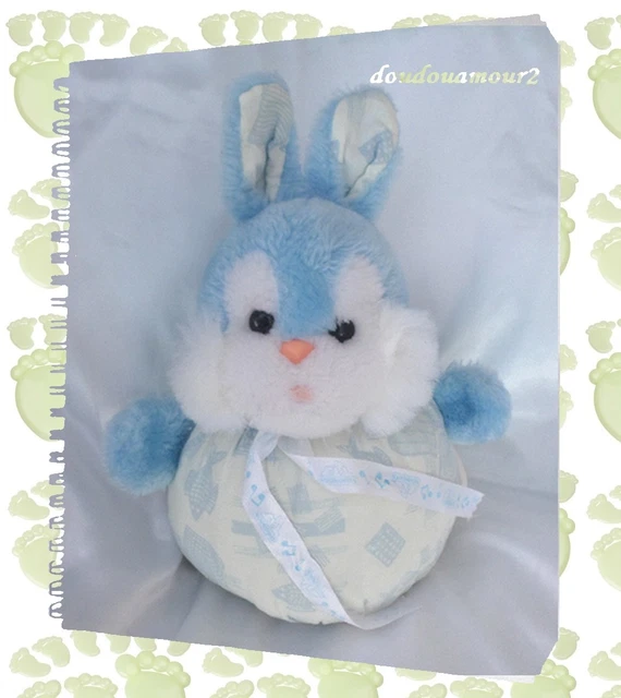 Doudou Lapin Musical Nounours Peluche Boule Musical Blanc  Bleu Imprimé Vintage