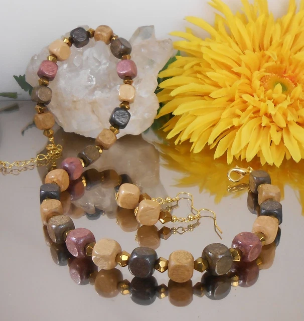 2er Set Collier u. Ohrringe Holzperlen in Naturfarben Glas Rhomben gold