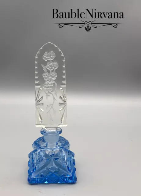 Antique Czechoslovakia Cut Glass Perfume Bottle Blue Base & Intaglio Flowers