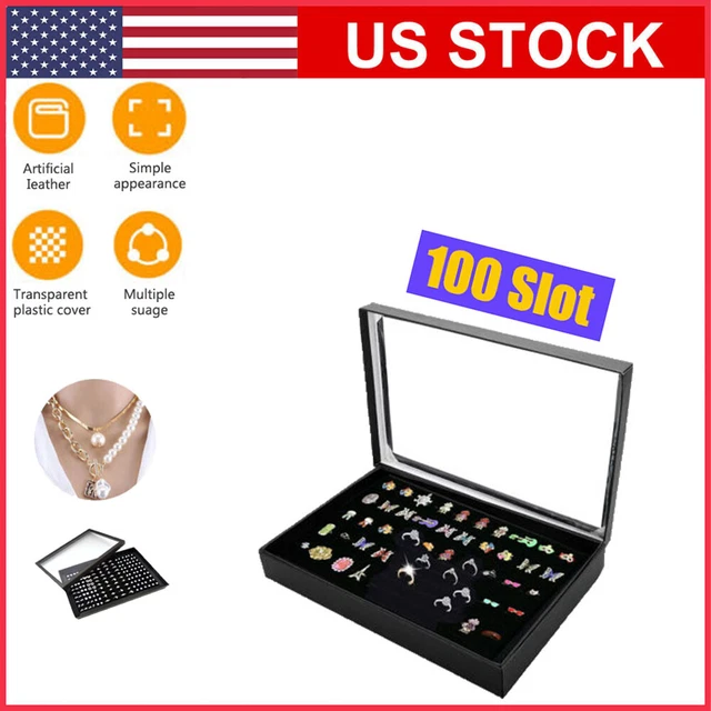 100 Slots Jewelry Ring Display Organizer Tray Holder Earrings Storage Box Case