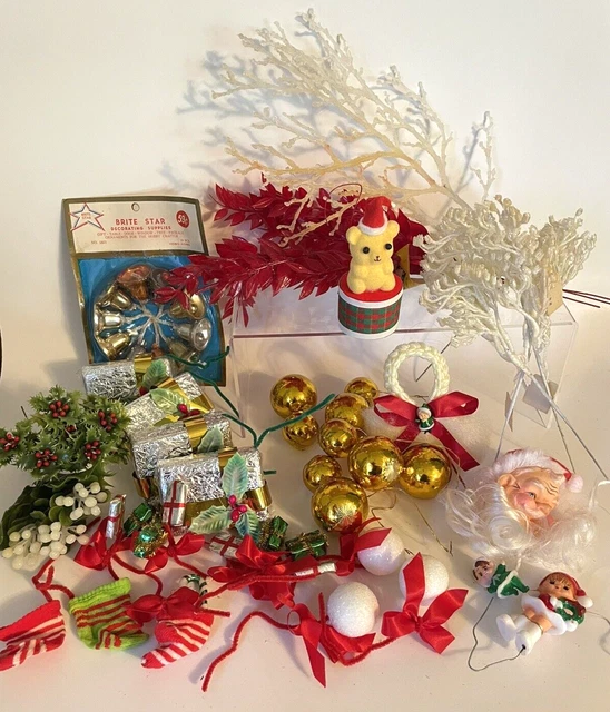 Lot of Vtg Christmas Holiday Garland Wreath Picks Foil Wrapped Santa Bells +