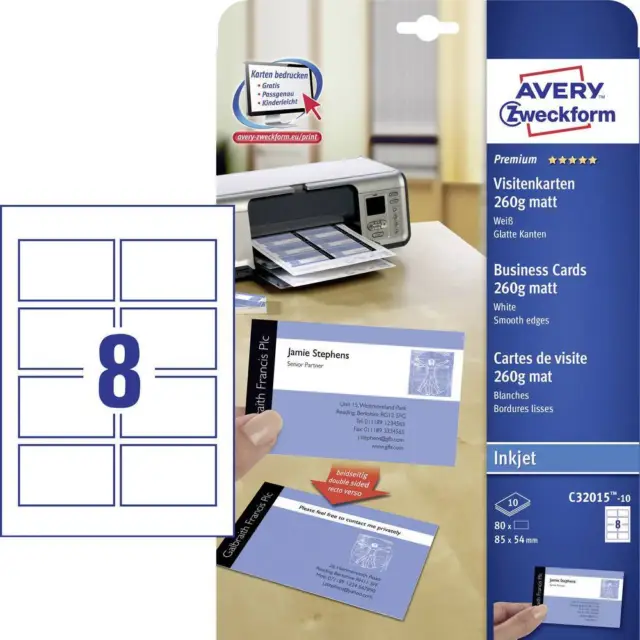 Avery-Zweckform C32015-10 Cartes de visite imprimables, bords lisses 85 x 54 mm