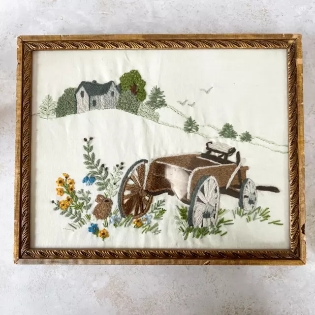 Vintage 50’s framed floral country landscape crewel wagon embroidery
