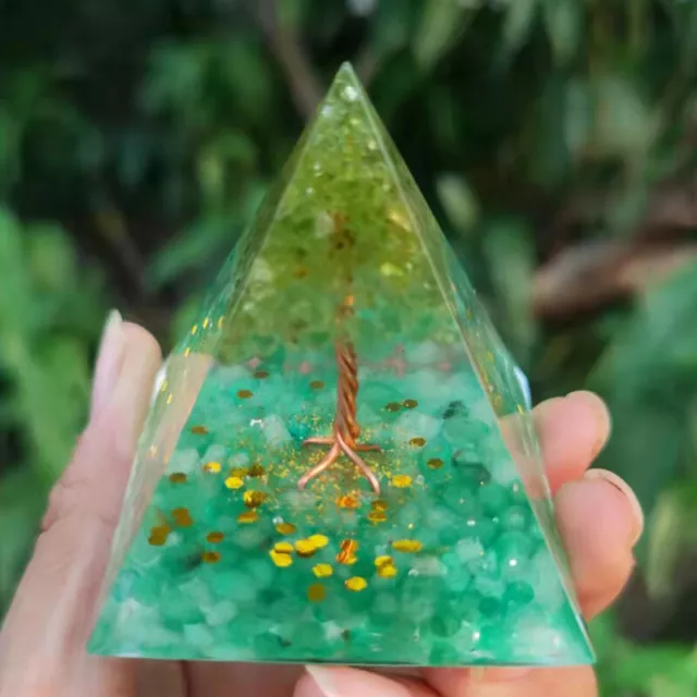 Tree of Life Orgone Pyramid Peridot Green Aventurine Orgonite EMF Protection