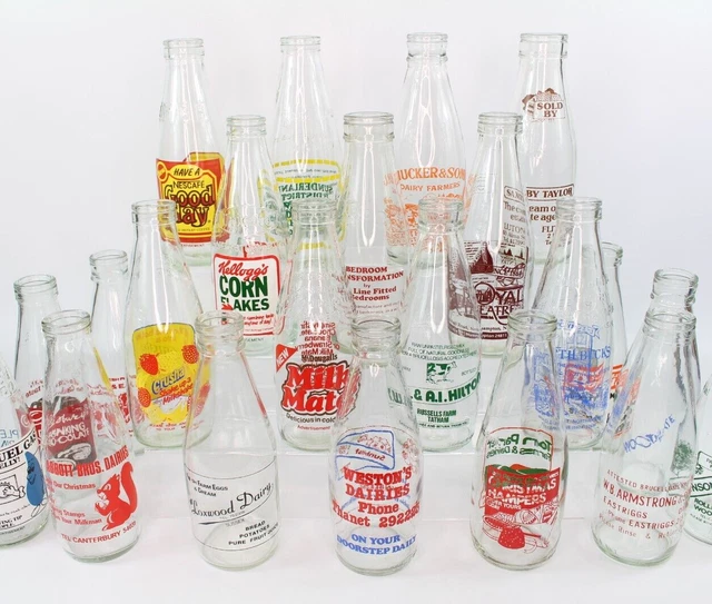 VINTAGE ADVERTISING 1 Pint Milk Glass Bottles 1980s Collectible Multi