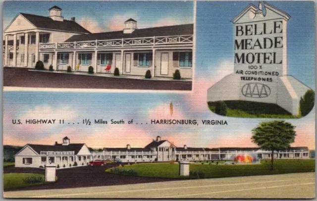 Harrisonburg, Virginia Postcard BELLE MEADE MOTEL Highway 11 Roadside Linen 1954