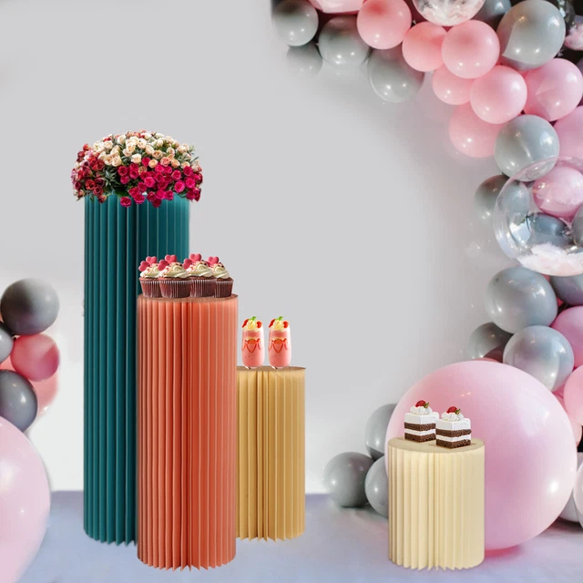 Piedistalli Espositivi Pieghevoli In Cartone A Colonna Romana, Set Da 4 Con Coperchi In Acrilico, Altezze Varie, Colore Rosa, Per Decorazioni Eventi E Centrotavola - 4