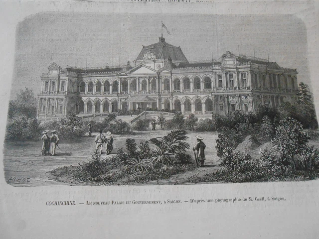 Gravure 1874 - Cochinchine Palais du gouvernement à SAÎGON
