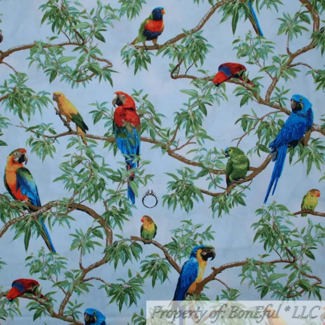 BonEful Fabric FQ Cotton Quilt Blue White Cloud Sky Scenic Tree Leaf Parrot Bird