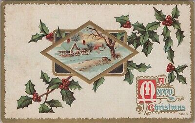 A Merry Christmas Holly Winter Cabin Scene Gold Divided Back Vintage Post Card