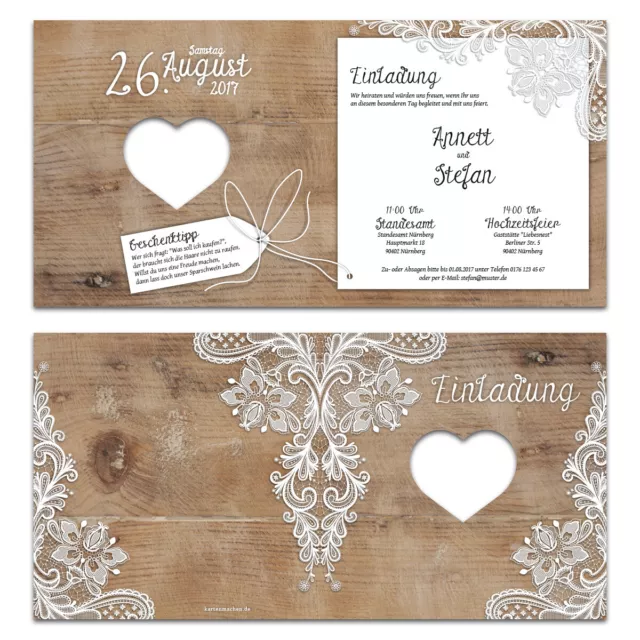 Lasergeschnittene Hochzeit Einladungskarten - Rustikal mit weißer Spitze 2