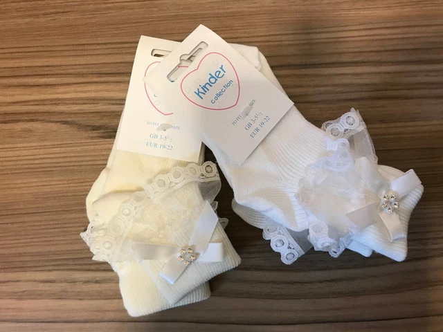 Baby / Girls Chiffon Lace Frilly Sock with Ribbon, Bow and Diamante Detail