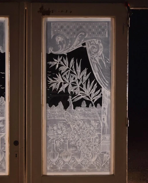 *Pair of Antique French Etched Glass Doors With Peacock Frosted Glass Salvage 4