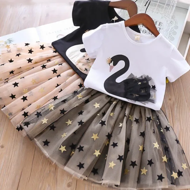 Baby Kid Toddler Girl Casual Short Sleeves Swan T-Shirt+Skirt Outfit Clothes Set