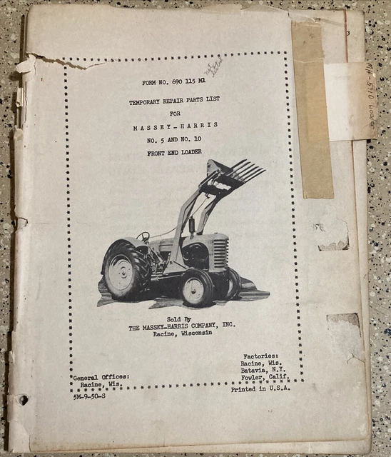 Massey Harris Repair Parts List Front End Loader No.5 No.10 Form 690 115 M1