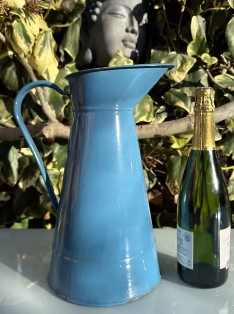 LARGE VINTAGE FRENCH ENAMEL JUG, PITCHER, VASE, TEAL BLUE, 36cm tall - 1940s