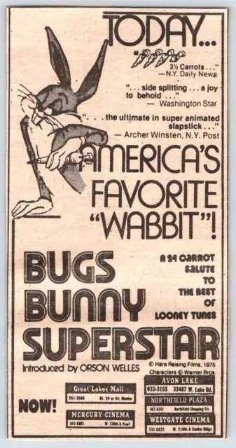 1976 BUGS BUNNY SUPERSTAR MOVIE AD Vintage 3"X6" Newspaper Clipping EBS15