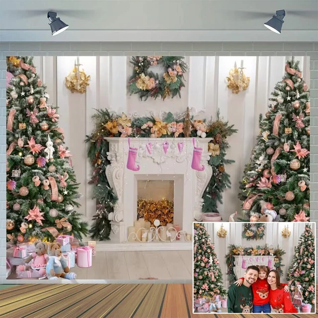 8x6FT Christmas Fireplace Backdrops White Wood Floor Christmas Fireplace Back...
