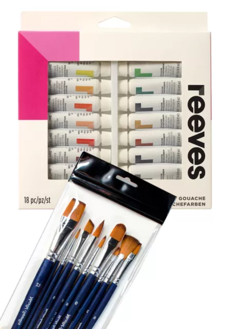 Reeves Gouache Watercolour Paint. 18 x 12ml Tubes & 10pc Artist Paint brush set.