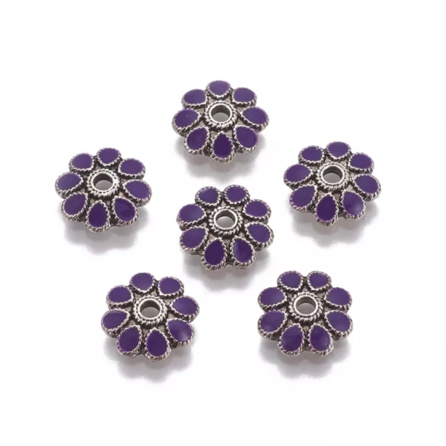 10 Purple Flower Bead Caps - Antique Silver + Enamel - 10mm (Dia) - P00859