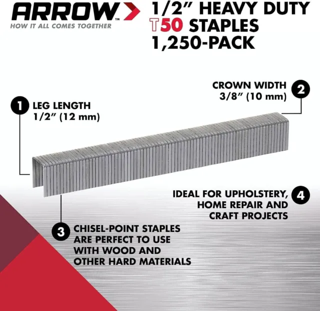 Arrow 508 Heavy Duty T50 1/2-Inch Staples for Upholstery, Construction, Furnitur