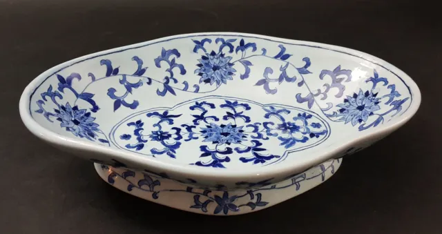 18-19Th C. Dutch Delft Earthenware Blue And White Floral Oval Footed Bowl