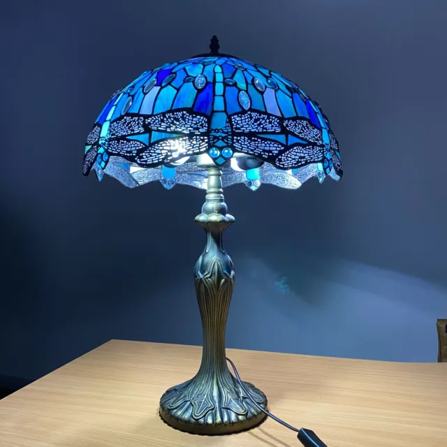 Lampada Da Tavolo Stile Dragonfly Blu Tiffany 16 Pollici Tonalità Vetro Colorato Artigianale 3