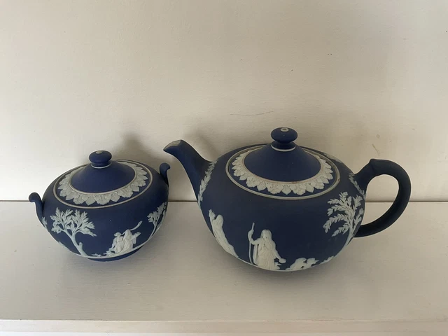 Teiera Antica Wedgwood 1820 Blu Scuro Diaspro E Grande Zuccheriera