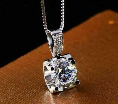 1.50 Ct Round Cut Certified Moissanite Pendant With 18"Chain 14K White Gold Over