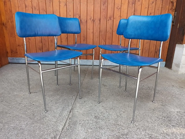 4x Cromo Sedie Sala Pranzo Sedia 70er Space Age 70s Vintage Sedie Blu