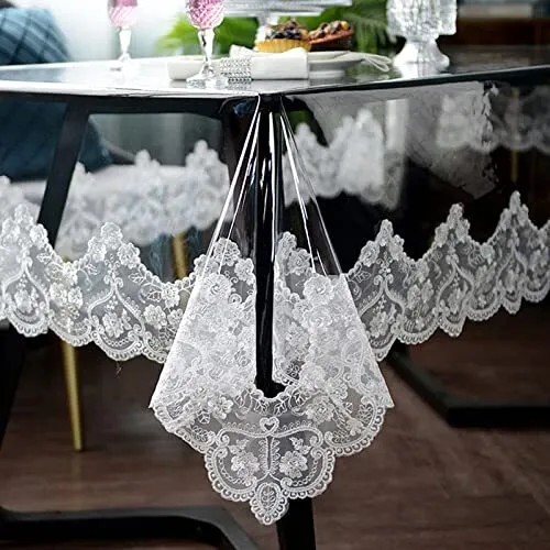 Clear Plastic Waterproof Tablecloth, Vinyl PVC Rectangle Table Cloth with Lace