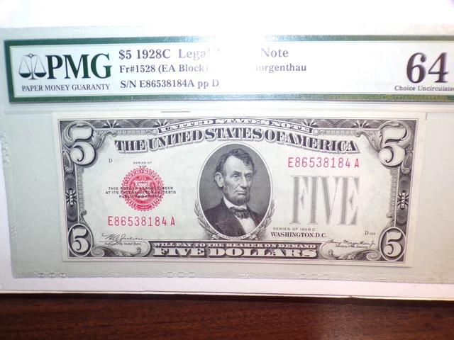 One Us 1928C Red Seal $5. Note - Certified Pmg 64