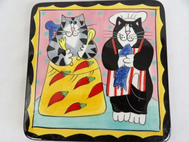 Catzilla Ceramic Tile Trivet Chef Cat by Candace Reiter Handpainted  6" Square