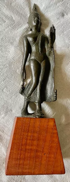 ANTIQUE BRONZE WALKING BUDDHA SCULPTURE ABHAYA MUDRA 11" Thailand Sukhothai
