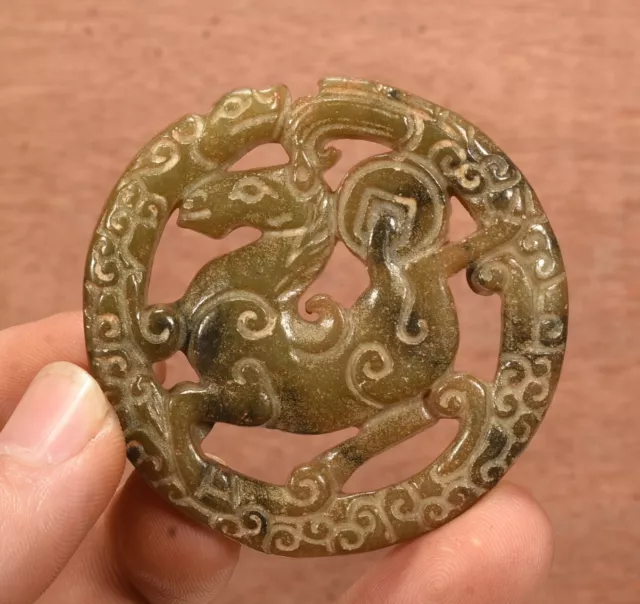 Hongshan Kultur Alte Jade Fengshui 12 Zodiac Pferd Geld Münze Amulett Anhänger