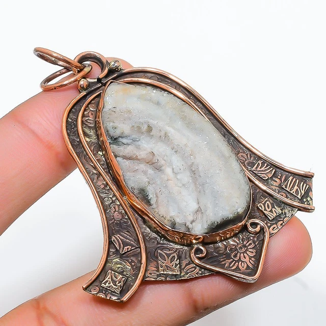 Desert Rose Druzy Gemstone Handmade Ethnic Copper Jewelry Pendant 2.64"
